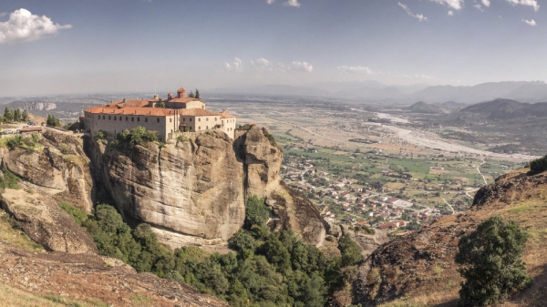 Panoramic view of the Varlaam Monastery in Meteora, Kalambaka town in Greece, on a sunny summer day