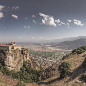 Panoramic view of the Varlaam Monastery in Meteora, Kalambaka town in Greece, on a sunny summer day