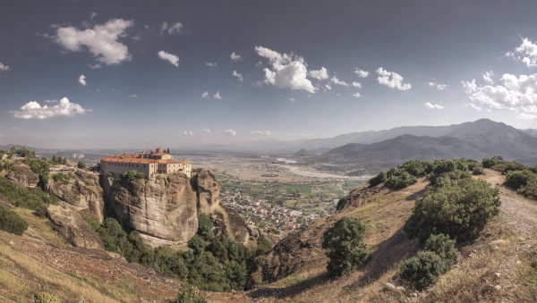 Panoramic view of the Varlaam Monastery in Meteora, Kalambaka town in Greece, on a sunny summer day