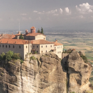 Panoramic view of the Varlaam Monastery in Meteora, Kalambaka town in Greece, on a sunny summer day