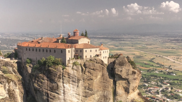 Panoramic view of the Varlaam Monastery in Meteora, Kalambaka town in Greece, on a sunny summer day