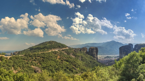 Panoramic view of the Varlaam Monastery in Meteora, Kalambaka town in Greece, on a sunny summer day