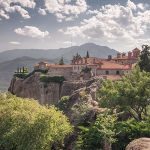 Panoramic view of the Varlaam Monastery in Meteora, Kalambaka town in Greece, on a sunny summer day