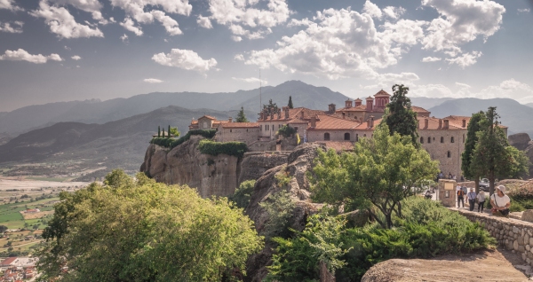 Panoramic view of the Varlaam Monastery in Meteora, Kalambaka town in Greece, on a sunny summer day