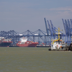 Unloading container ships at Felixstowe international container port