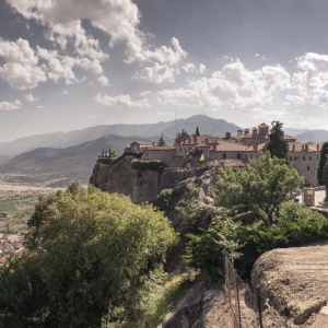 Panoramic view of the Varlaam Monastery in Meteora, Kalambaka town in Greece, on a sunny summer day