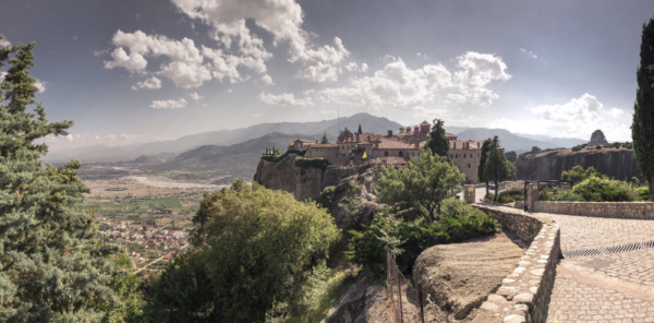 Panoramic view of the Varlaam Monastery in Meteora, Kalambaka town in Greece, on a sunny summer day