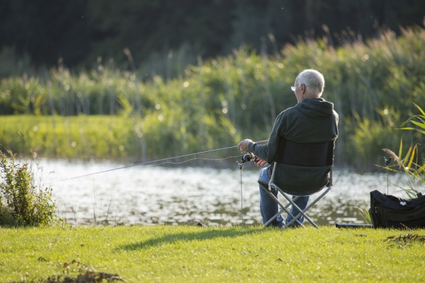 A coarse fisherman reeling in his bait while fishing on the river bank or lakeside on a summer evening with backlit water