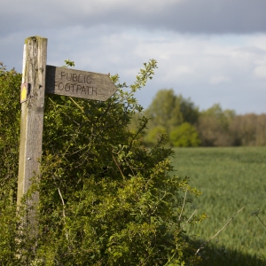 A rustic public footpath sign overlooking some arable fields