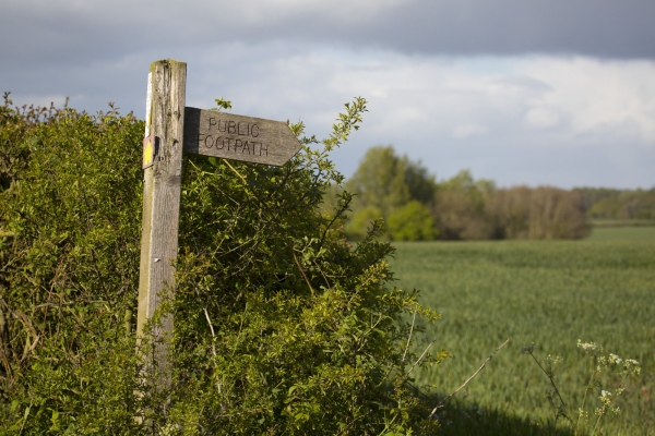 A rustic public footpath sign overlooking some arable fields