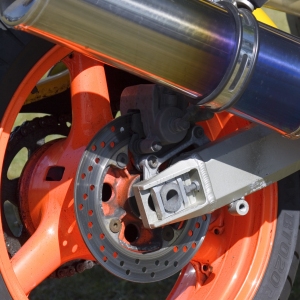 A close up of the rear wheel of a professional racing bike