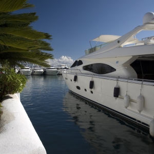 A luxury yacht moored in the marina at Puerto Banus, Spain