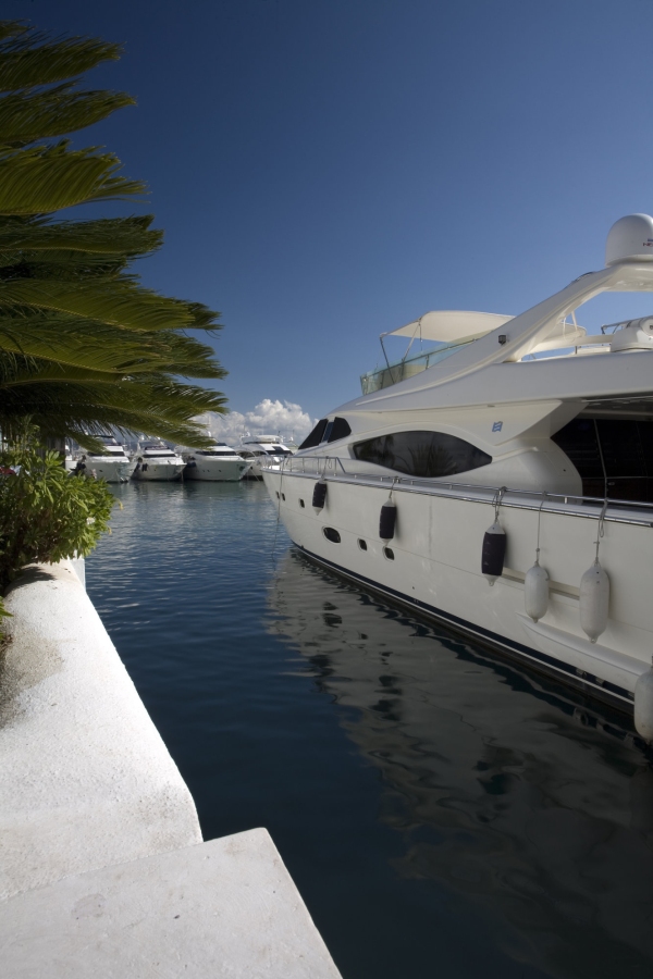 A luxury yacht moored in the marina at Puerto Banus, Spain