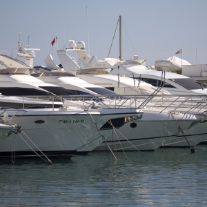 Luxury yachts lined up in the marina at Puerto Banus in Southern Spain