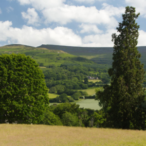 Welsh countryside, with distant mountains