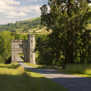 A stone tower above the River Usk in the South Wales countryside