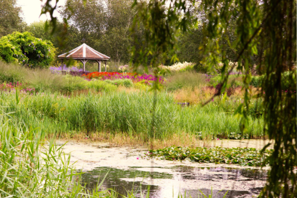 A pavilion in an English country garden in high summer