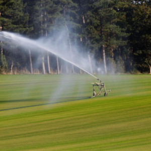 An agricultural sprinkler on a field of commercial turf