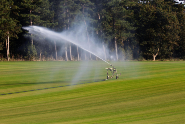 An agricultural sprinkler on a field of commercial turf