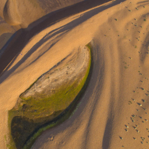 An aerial view of extensive sand dunes formed by wind and tide