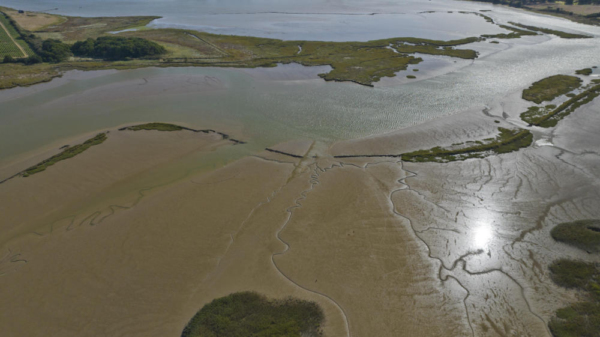 An aerial view of extensive coastal mudflats on the Suffolk Heritage Coast