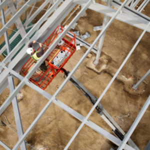 A steelworker on a lift platform on a large construction site