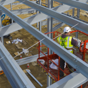 A steelworker on a lift platform on a large construction site