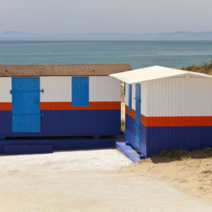 A lifeguard's hut on a spanish beach overlooking the mediterranean with North Africa in the background