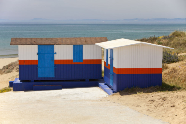 A lifeguard's hut on a spanish beach overlooking the mediterranean with North Africa in the background