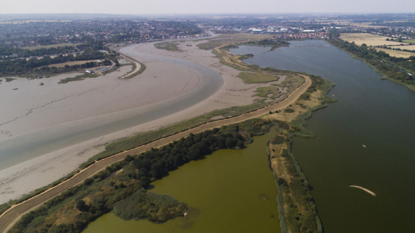 An aerial view of the Blackwater Estuary and the coastal Essex marshes