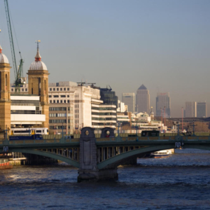 The River Thames skyline at Waterloo Bridge in London