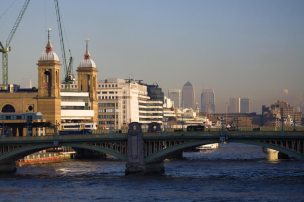 The River Thames skyline at Waterloo Bridge in London